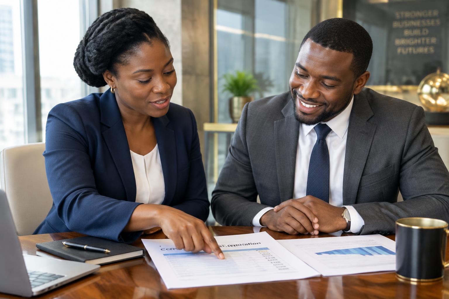 A Vanguard Visionary finance broker reviewing commercial loan documents with a business owner